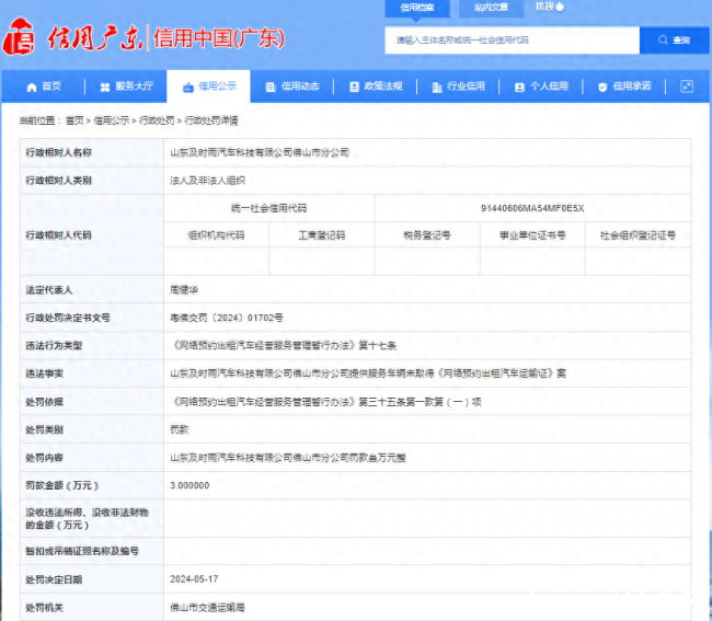 山东及时雨汽车科技有限公司佛山市分公司因提供服务车辆未取得《网络预约出租汽车运输证》案被罚款3万元(图1)