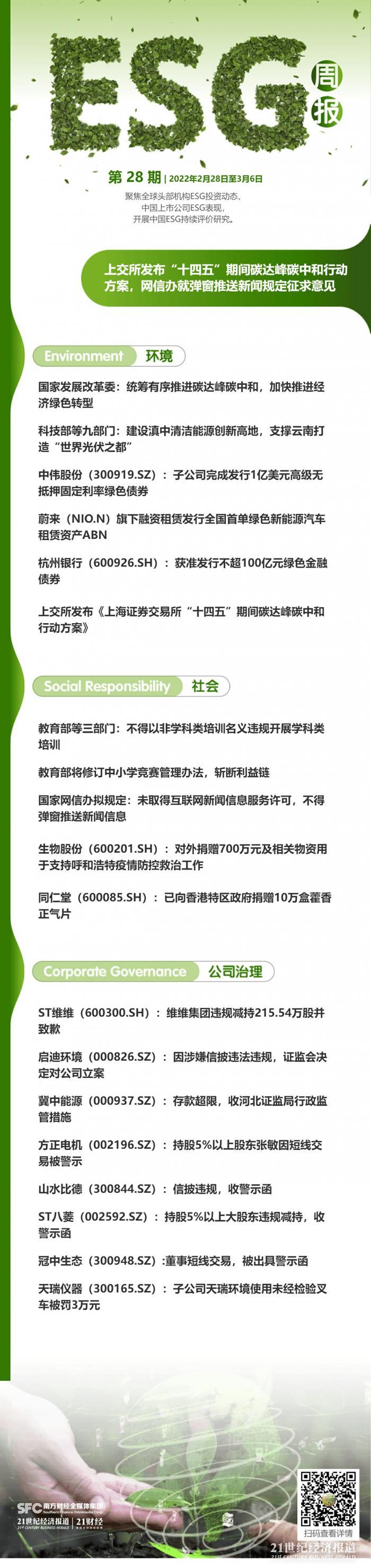 kaiyun入口：ESG周报（第28期）丨上交所发布“十四五”期间碳达峰碳中和行动方案网信办就弹窗推送新闻规定征求意见(图1)