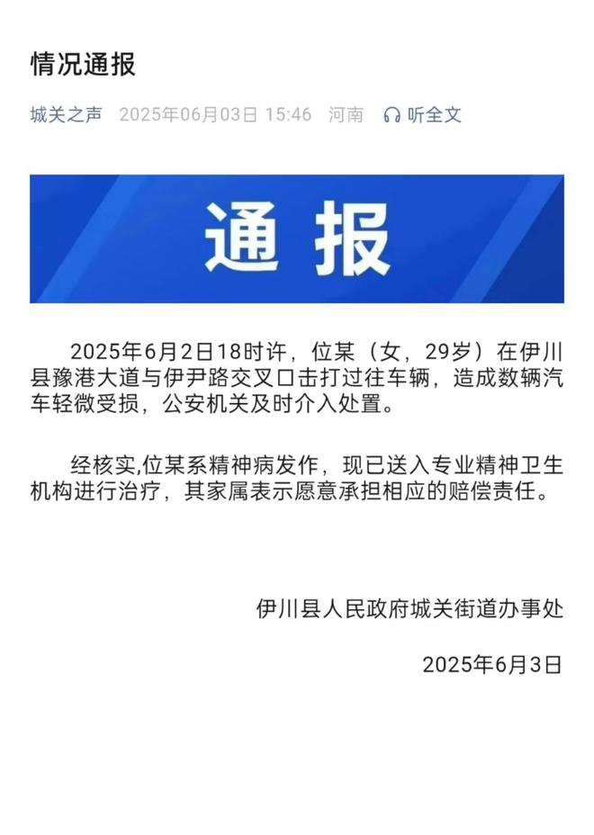 女子持械当街打砸多辆轿车通报：系精神病发作家属愿意承担赔偿(图1)